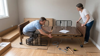 Two people assembling a homecare hospital bed frame together with tools and packaging in a spare bedroom