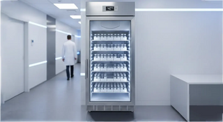 Interior of an upright vaccine refrigerator with neatly arranged vaccine cartons and digital temperature display.