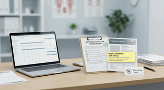 Authorized medical equipment seller verification concept showing a procurement checklist, model number confirmation, and warranty validation steps.