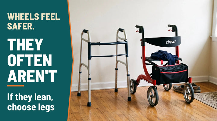 Wheels feel safer, they often aren’t: a standard folding walker beside a Drive four wheel rollator with seat in a home living room