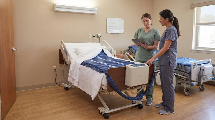 Wound care nurse and colleague discussing support surface selection beside a low air loss alternating pressure mattress in a care facility room