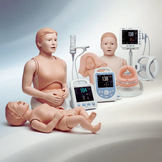 Advanced maternal birthing simulator with baby delivery module, shoulder dystocia training insert, postpartum hemorrhage control module, and neonatal resuscitation manikin with airway access.