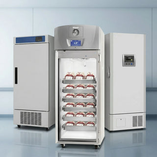 Laboratory technician organizing blood bags in a purpose-built, AABB compliant blood bank refrigerator with stainless steel roll-out drawers.