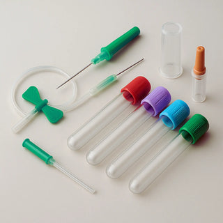 Safety butterfly blood collection set with holder, color-top Vacutainer tubes (SST, EDTA, heparin, citrate), tourniquet and biohazard transport bag.