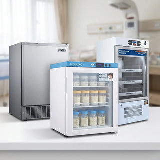 Accucold MOMCUBE hospital-grade breast milk refrigerator with individual locking compartments, antimicrobial handle, ADA compliant, 33–40°F CDC storage