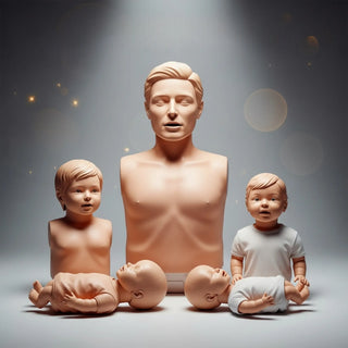 Adult, child and infant CPR training manikins on a BLS skills table, showing chest compression feedback monitor and AED training pads.