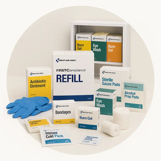 First Aid Kit Refills—bandages, medications, gauze, CPR mask, SmartCompliance boxes
