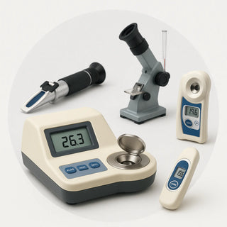 Digital and handheld clinical refractometers measuring urine specific gravity, serum protein, and refractive index (nD), with ATC.
