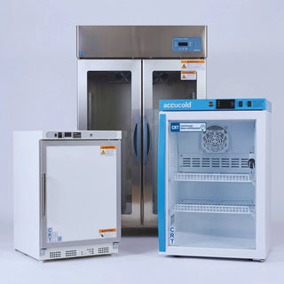 A glass door controlled room temperature (CRT) cabinet safely storing pharmacy medications with a digital temperature display
