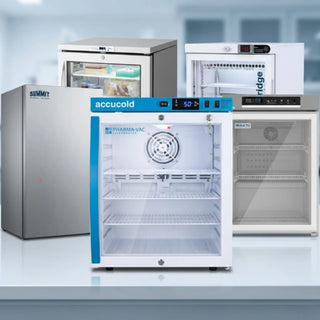 A compact countertop medical refrigerators with a digital temperature display storing vaccines safely in a small clinic setting
