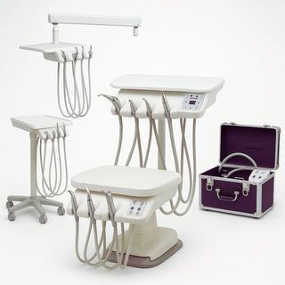 Dental chair-mounted delivery unit with handpiece control, suction and water lines in modern operatory”