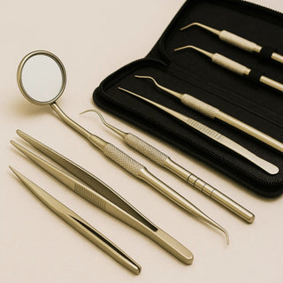Dental diagnostic instruments including mirror, explorer, periodontal probe and tweezer arranged in examination kit