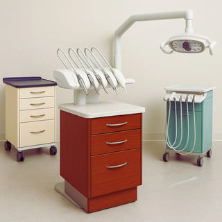 Custom dental operatory cabinets with integrated storage, sink and modular drawers in modern clinic