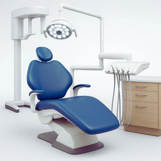 Modern dental operatory setup with chair, delivery unit, LED operatory light and cabinetry