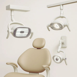 Modern LED dental operatory light mounted on dental chair with adjustable arms