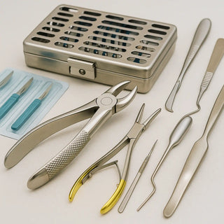 Dental surgical instruments including extraction forceps, elevators, implant kits and periodontal tools displayed in surgical tray
