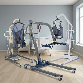 Electric patient lift with battery-powered actuator safely transferring elderly patient from bed to wheelchair