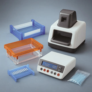 Agarose gel electrophoresis tank with variable power supply and blue-light gel documentation system