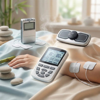 TENS and EMS electrotherapy units with electrodes and lead wires used for pain relief and muscle stimulation thera