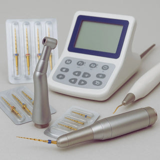 NiTi endodontic rotary files and rotary endo instruments arranged on dental tray for root canal treatmen