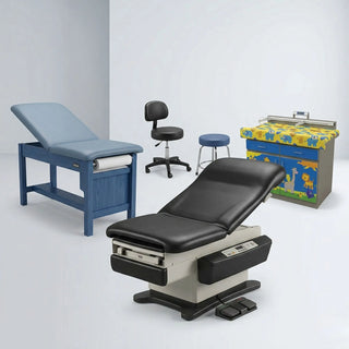 Modern doctor's clinic setup featuring an ADA-compliant power exam table and an ergonomic physician stool with backrest.