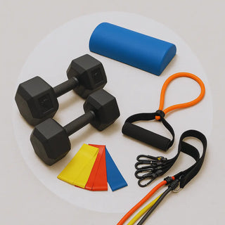 Physical therapy resistance bands, ankle cuff weights, and hand therapy putty for rehabilitation exercises
