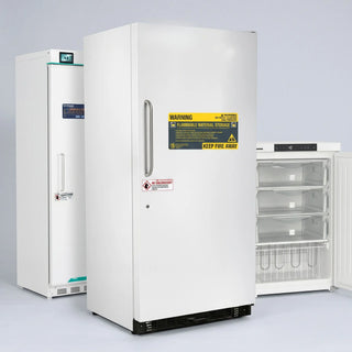 Flammable material storage laboratory refrigerator with spark-free interior, NFPA 45 OSHA compliant, solid door, for solvent and volatile chemical storage