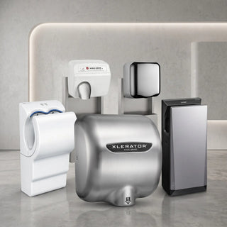 Commercial touchless HEPA hand dryer mounted in a modern public restroom