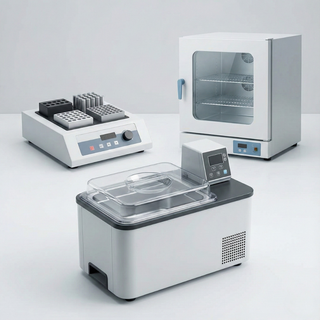 Laboratory temperature control systems including an incubator, water bath, and lab oven arranged in a clean research environment.