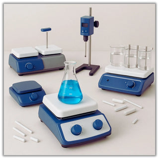 Digital laboratory hotplate stirrer with magnetic stirring bar and beaker on benchtop