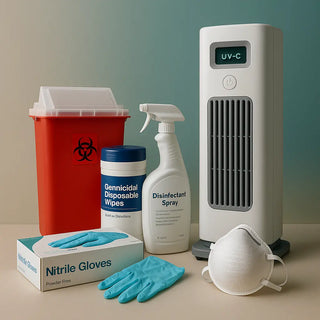 Medical infection control supplies displayed together: a medical grade UV-C air purifier with HEPA H13/H14 filtration, EPA-registered hospital disinfectant wipes, wall-mount hand hygiene dispense