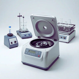 Laboratory centrifuge, orbital shaker and vortex mixer arranged on a benchtop in a modern clinical lab