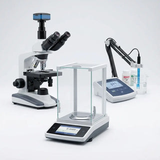 Digital laboratory compound microscope, analytical balance scale, and UV-Vis spectrophotometer on research bench
