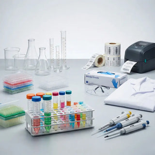 Laboratory consumables including sterile centrifuge tubes, pipette tips, and borosilicate glassware on bench
