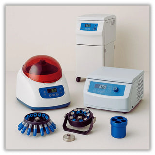 Laboratory benchtop centrifuge with swing bucket rotor, microcentrifuge tubes and clinical adapters