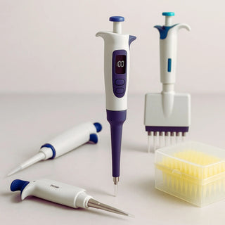 Laboratory technician using an electronic multichannel pipette with filtered tips at a benchtop workstation