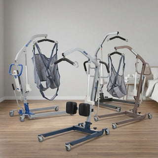 Caregiver easily operating a heavy-duty hydraulic manual patient lift to safely transfer a senior at home