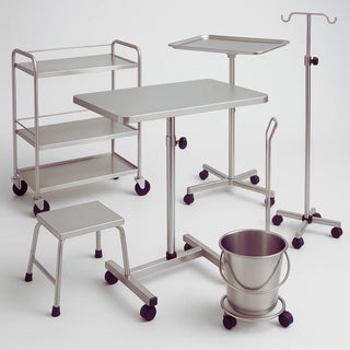 Medical stands and stainless steel tables including instrument tables, utility prep tables, mayo stands, solution stands, kick buckets and hospital step stools