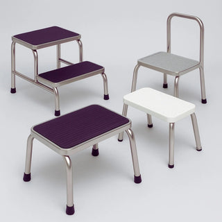 Hospital-grade stainless steel medical step stool with non-slip surface and double step design in exam room