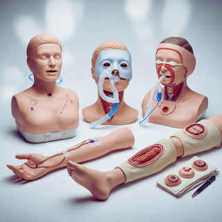 CPR manikin with feedback monitor, airway intubation head, IV training arm, hemorrhage control leg trainer, and maternal birthing simulator on a skills lab table.