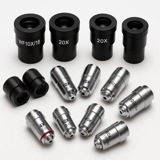 Microscope accessories—eyepieces, objectives, USB/HDMI camera with C-mount adapter, slides & cover slips, phase kit, darkfield condenser, LED ring light