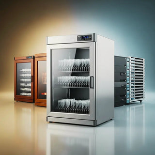 Stackable metal microscope slide storage cabinets with labeled drawers in a lab