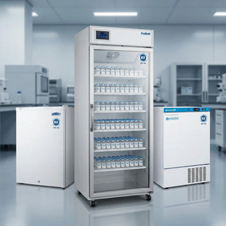 Pharmacist retrieving vaccines from a purpose-built, NSF/ANSI 456 certified medical refrigerator with a digital temperature display.