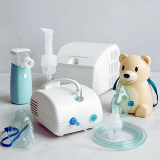 Home nebulizer machine with medication cup, mask, and tubing used for asthma and COPD aerosol therapy