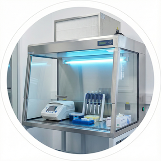PCR workstation hood with UV light and clear enclosure on a molecular biology lab bench.