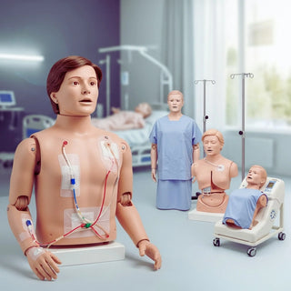 Full-body patient care manikin in a hospital bed used for nursing skills and CNA training, showing wound care dressing, catheterization practice and bedside hygiene.