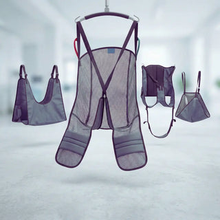 Caregiver attaching a color-coded mesh full body patient lift sling to a Hoyer lift spreader bar for safe transfer