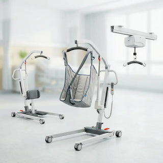Caregiver utilizing an electric Hoyer lift to transfer an elderly patient from a wheelchair to a hospital bed safely.