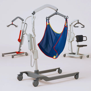 Electric patient lift with sling and caregiver in a home care setting
