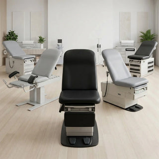 Physician adjusting the height of an ADA-compliant electric power exam table using a foot control pedal in a modern clinic.